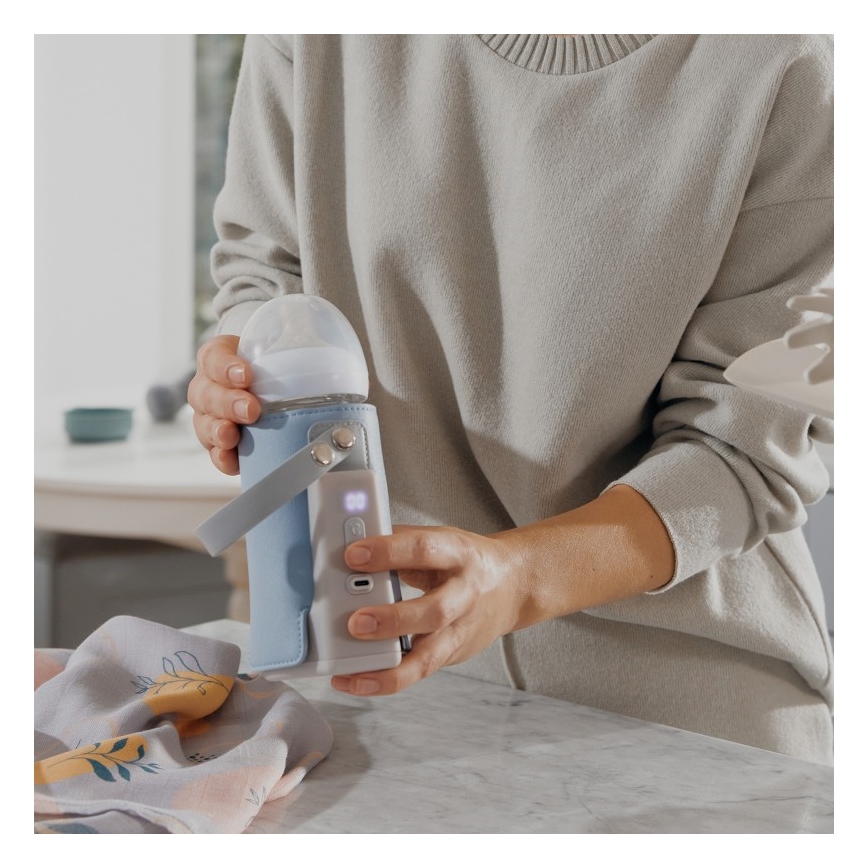 Lionelo - Polnilni grelnik stekleničk THERMUP GO PLUS 10W/5V v modri/sivi barvi