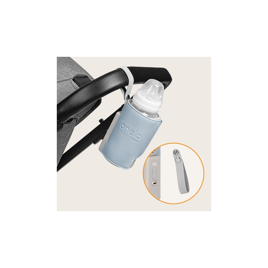 Lionelo - Polnilni grelnik stekleničk THERMUP GO PLUS 10W/5V v modri/sivi barvi