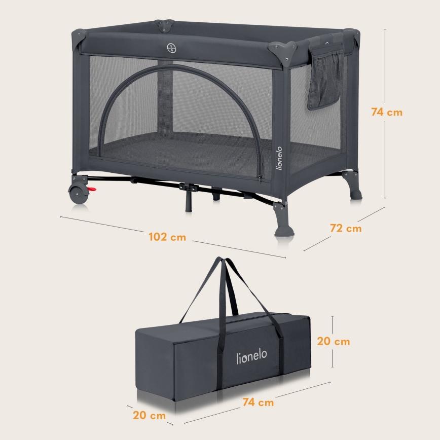 Lionelo - Potovalna posteljica LAURA Grey Concrete