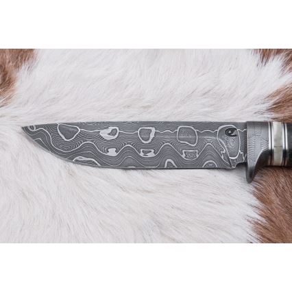 Lovski nož iz damaščanskega jekla 13,8 cm Breza/kamelja kost