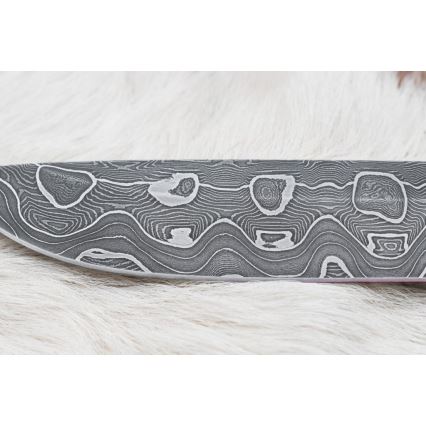 Lovski nož iz damaščanskega jekla 13,8 cm Breza/kamelja kost