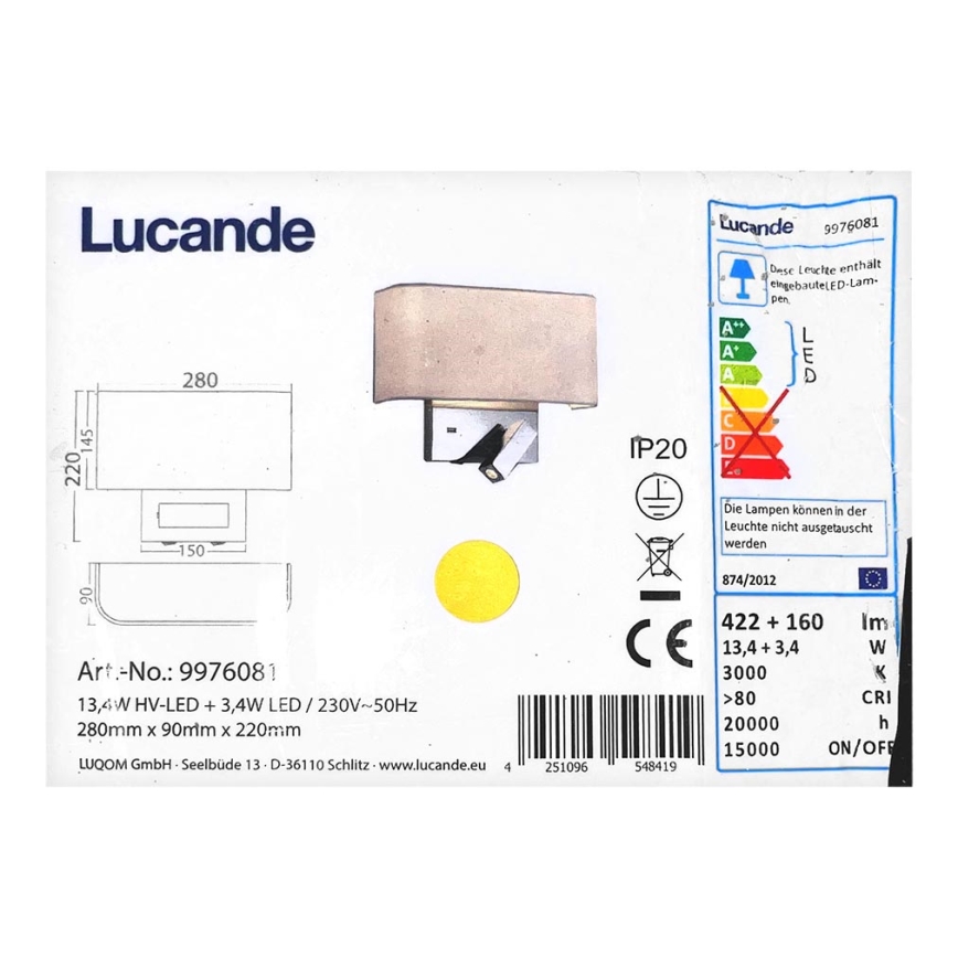 Lucande - LED Stenska svetilka VIRVE 1XLED/13,4W/230V + 1xLED/3,4W/230V