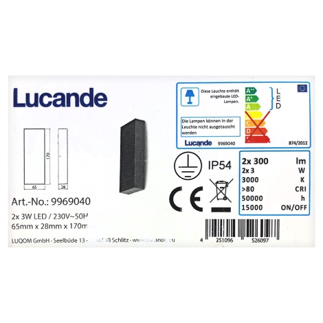 Lucande - LED Zunanja stenska svetilka CORDA 2xLED/3W/230V IP54