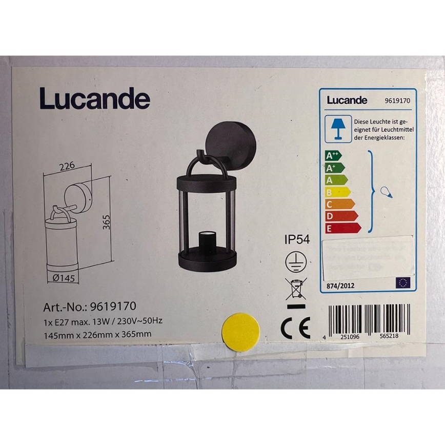 Lucande - Zunanja stenska svetilka CASSIAN 1xE27/60W/230V IP54