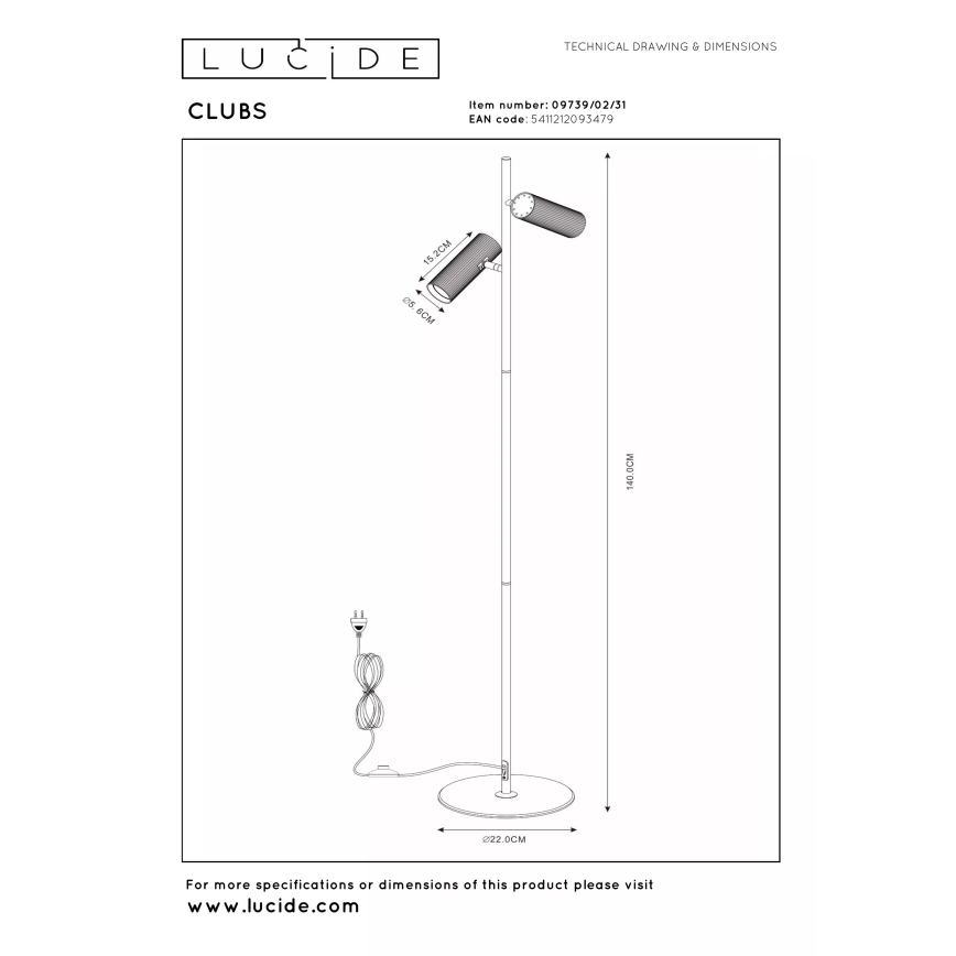 Lucide 09739/02/31 - Stoječa svetilka CLUBS 2xGU10/40W/230V bela