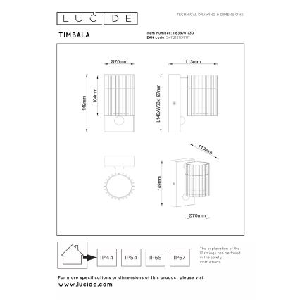 Lucide 11839/01/30 - Zunanja stenska svetilka s senzorjem TIMBALA 1xGU10/7W/230V IP44