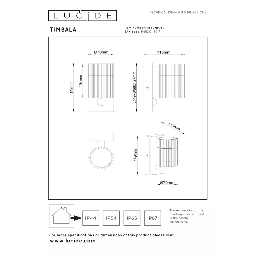 Lucide 11839/01/30 - Zunanja stenska svetilka s senzorjem TIMBALA 1xGU10/7W/230V IP44