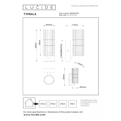 Lucide 11839/02/30 - Zunanja stenska svetilka s senzorjem TIMBALA 2xGU10/7W/230V IP44