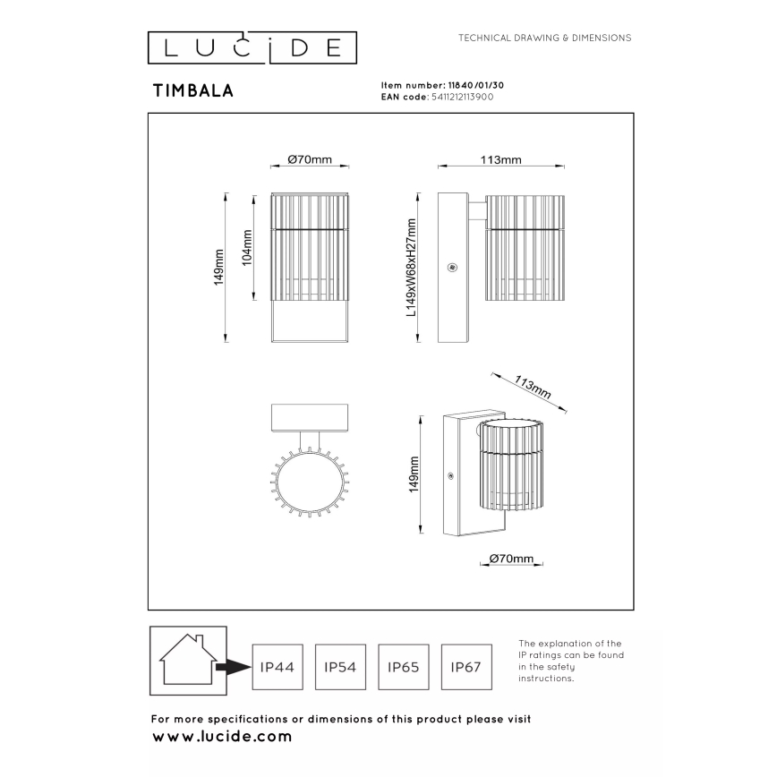 Lucide 11840/01/30 - Zunanja stenska svetilka TIMBALA 1xGU10/7W/230V IP44