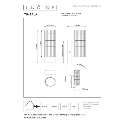 Lucide 11840/02/30 - Zunanja stenska svetilka TIMBALA 2xGU10/7W/230V IP44