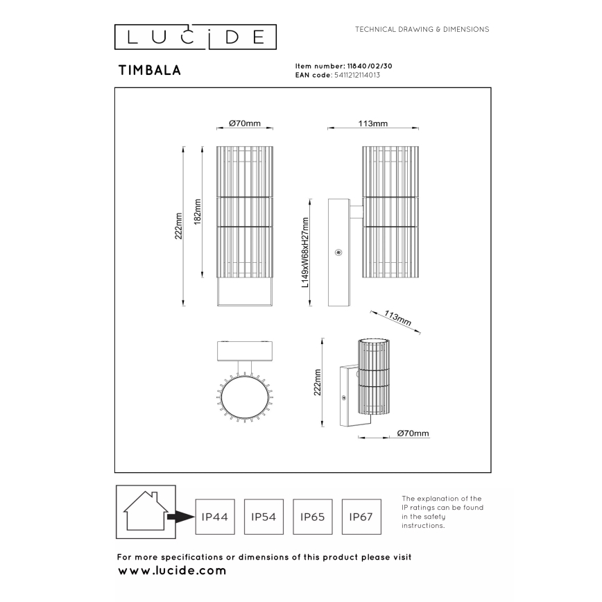Lucide 11840/02/30 - Zunanja stenska svetilka TIMBALA 2xGU10/7W/230V IP44