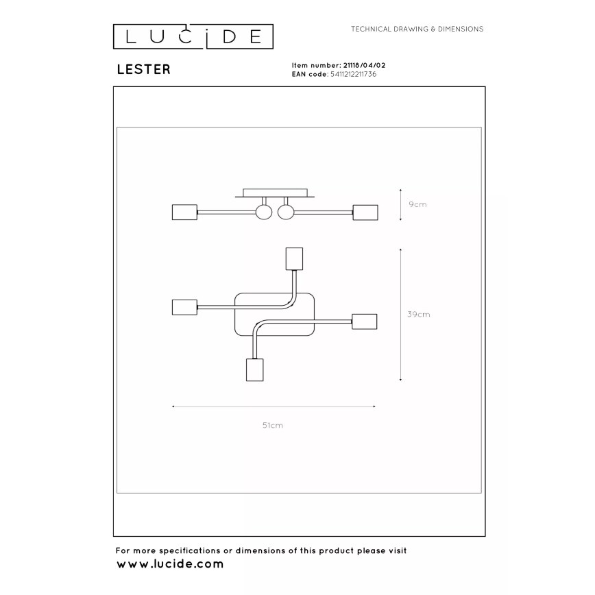 Lucide 21118/04/02 - Pritrjen lestenec LESTER 4xE27/40W/230V v zlati barvi