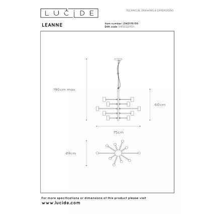 Lucide 21421/10/30 - Viseči lestenec na kablu LEANNE 10xE27/40W/230V