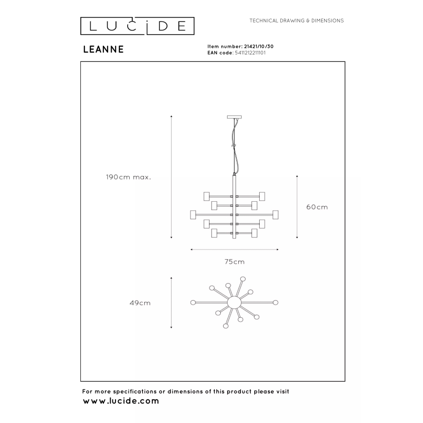 Lucide 21421/10/30 - Viseči lestenec na kablu LEANNE 10xE27/40W/230V