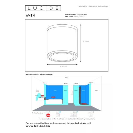 Lucide 22962/01/30 - Stropna svetilka za kopalnico AVEN 1xGU10/50W/230V, premer 9 cm, IP65, črna