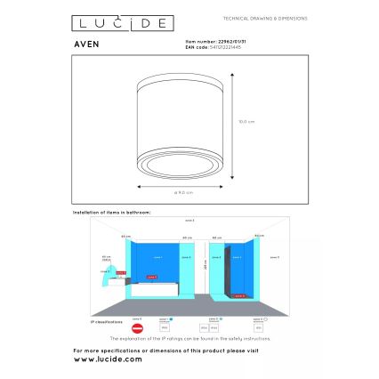 Lucide 22962/01/31 - Stropna svetilka za kopalnico AVEN 1xGU10/50W/230V premer 9 cm IP65 bela