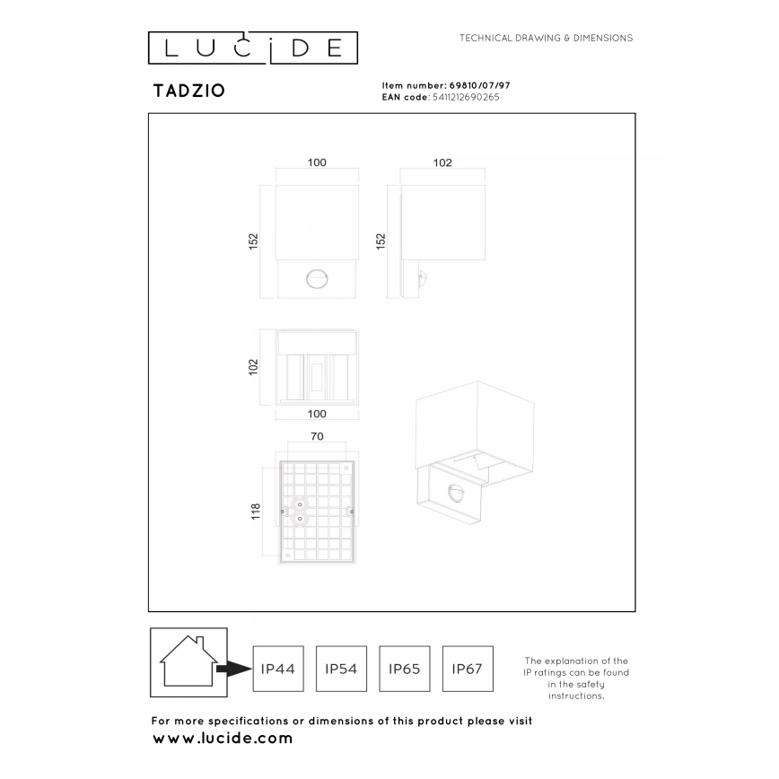 Lucide 69810/07/97 - LED zunanja stenska svetilka s senzorjem gibanja TADZIO LED/7W/230V IP65