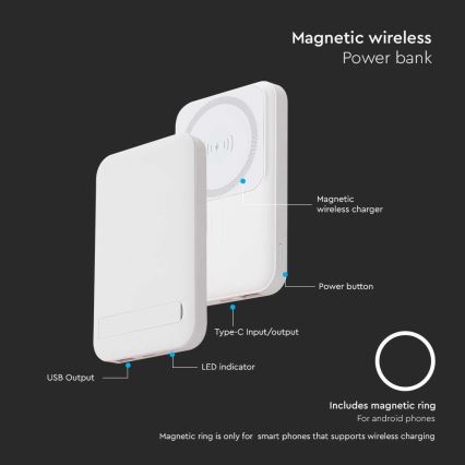 Magnetni Power Bank z brezžičnim polnilnikom Power Delivery 10 000mAh/20W/3,7V bela