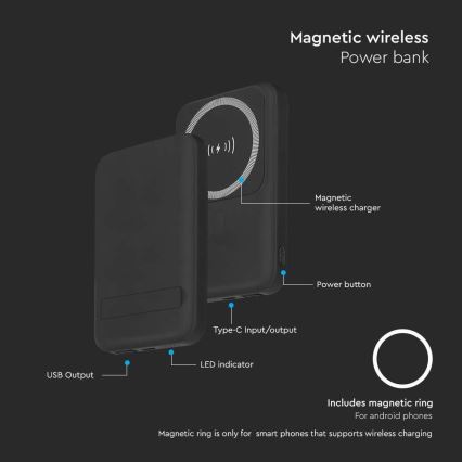 Magnetni Power Bank z brezžičnim polnilnikom Power Delivery 10 000mAh/20W/3,7V črna