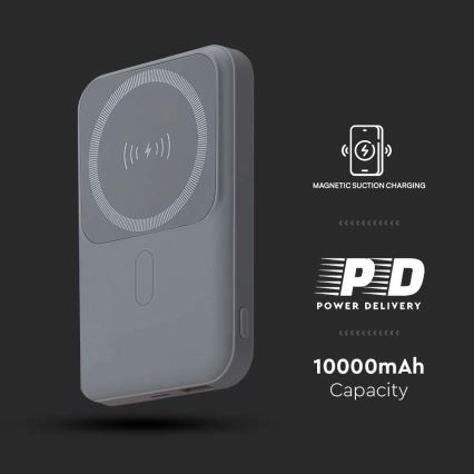 Magnetni Power Bank z brezžičnim polnilnikom Power Delivery 10 000mAh/20W/3,7V siv