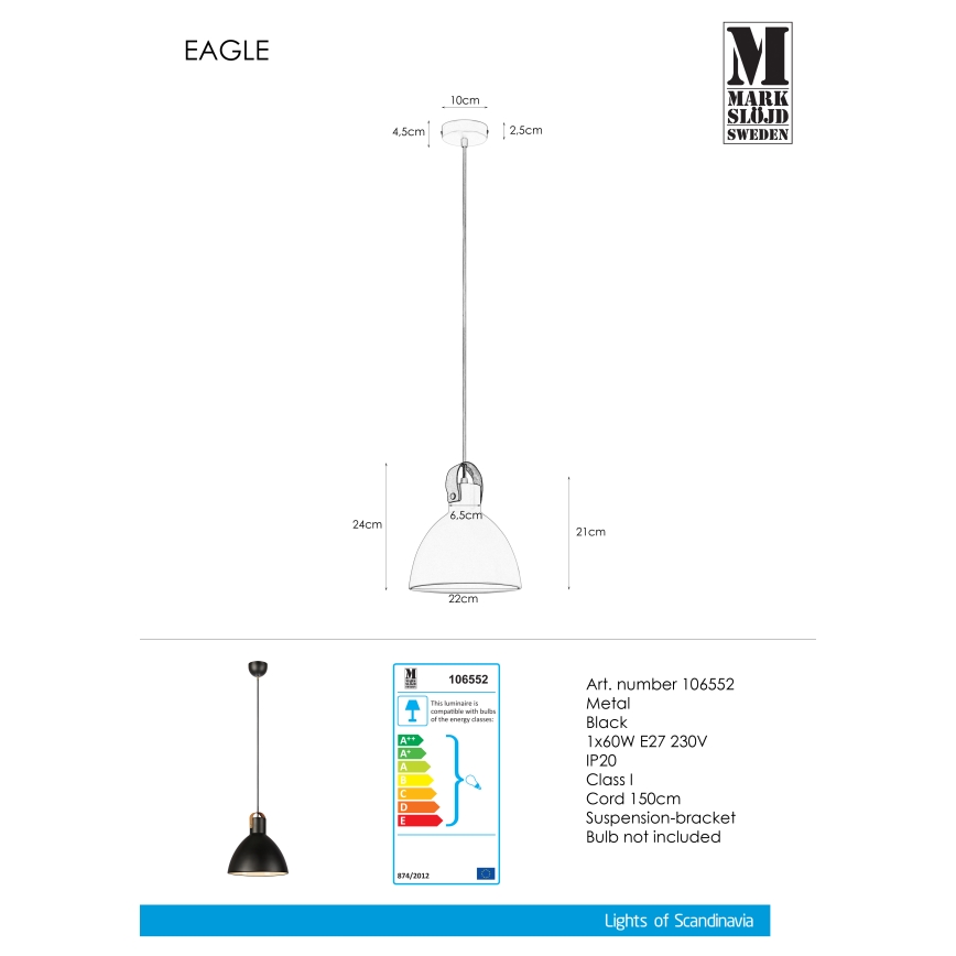 Markslöjd 106552 - Lestenec na vrvici EAGLE 1xE27/60W/230V črna