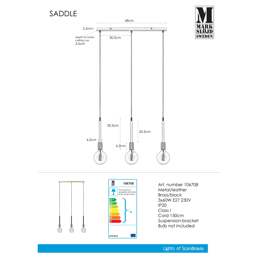 Markslöjd 106708 - Lestenec na vrvici SEDLO 3xE27/60W/230V
