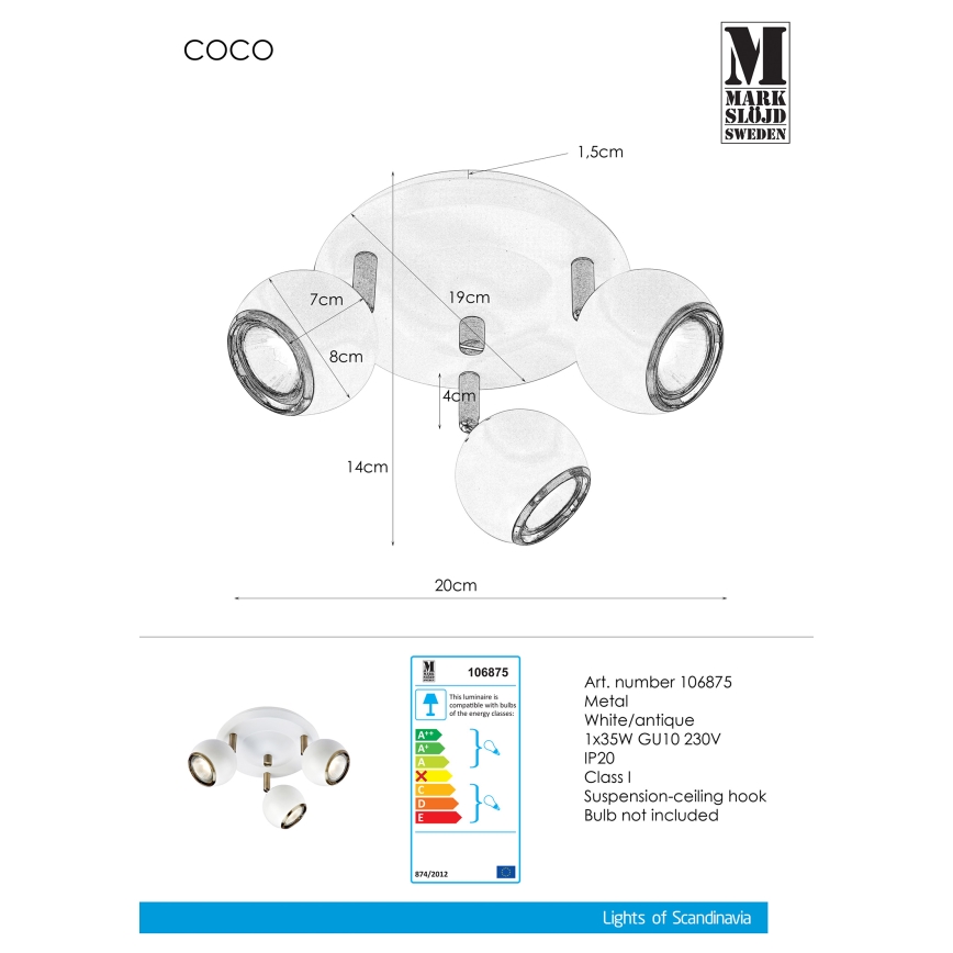 Markslöjd 106875 - Reflektor COCO 3xGU10/35W/230V bela