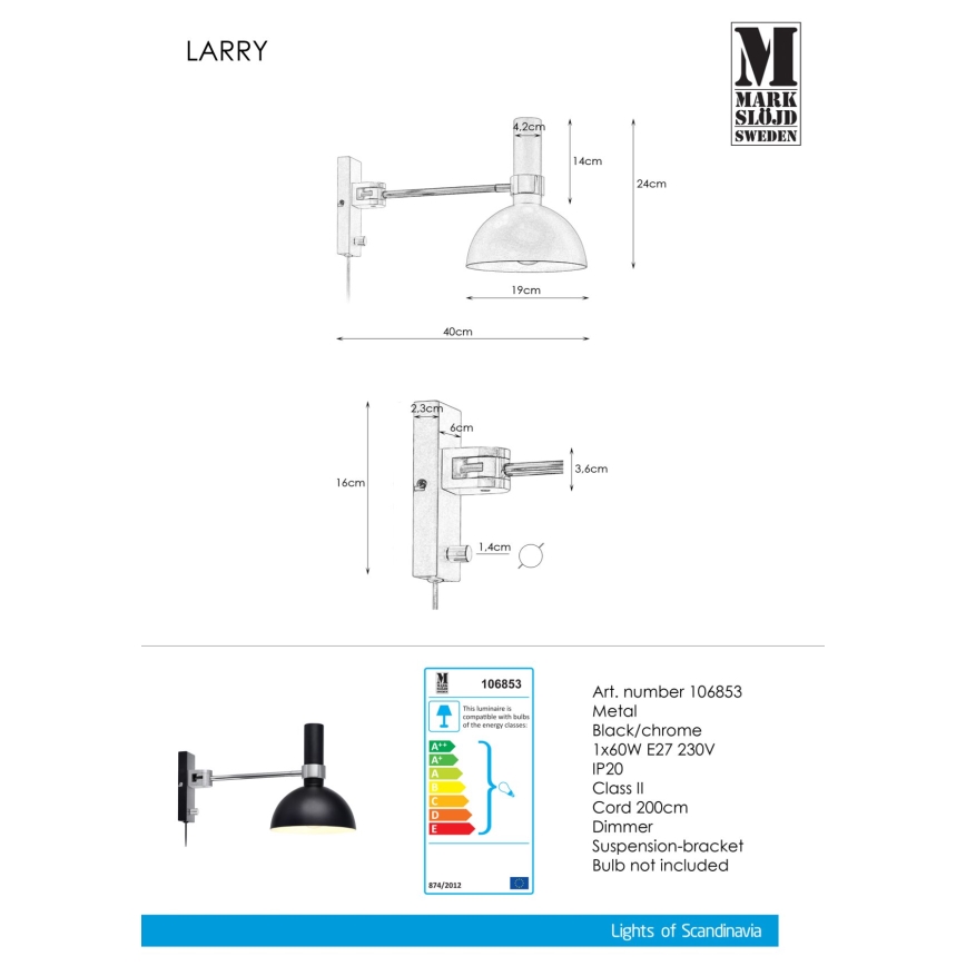 Markslöjd 106970 - Zatemnitvena stenska svetilka LARRY 1xE27/60W/230V
