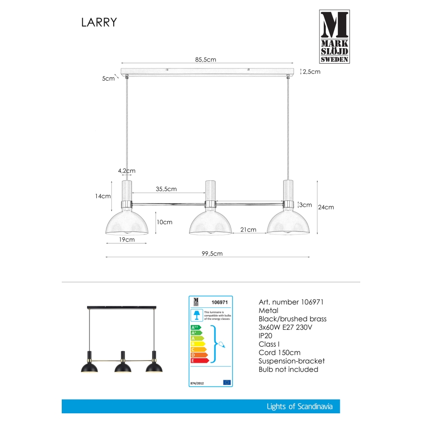 Markslöjd 106971 - Lestenec na vrvici LARRY 3xE27/60W/230V črna/zlata