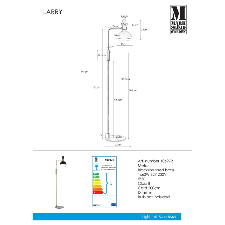 Markslöjd 106972 - Zatemnitvena stoječa svetilka LARRY 1xE27/60W/230V črna/zlata