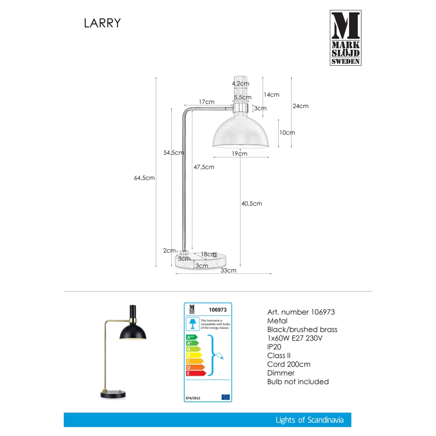 Markslöjd 106973 - Zatemnitvena namizna svetilka LARRY 1xE27/60W/230V