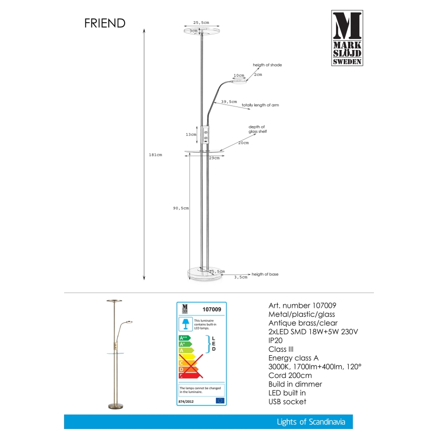 Markslöjd 107009 - LED Zatemnitvena stoječa svetilka FRIEND LED/18W/230V + LED/5W