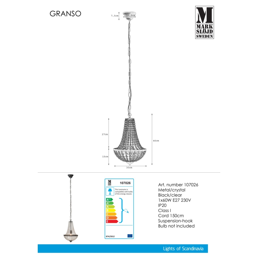 Markslöjd 107026 - Kristalni lestenec na verigi GRÄNSÖ 1xE27/60W/230V