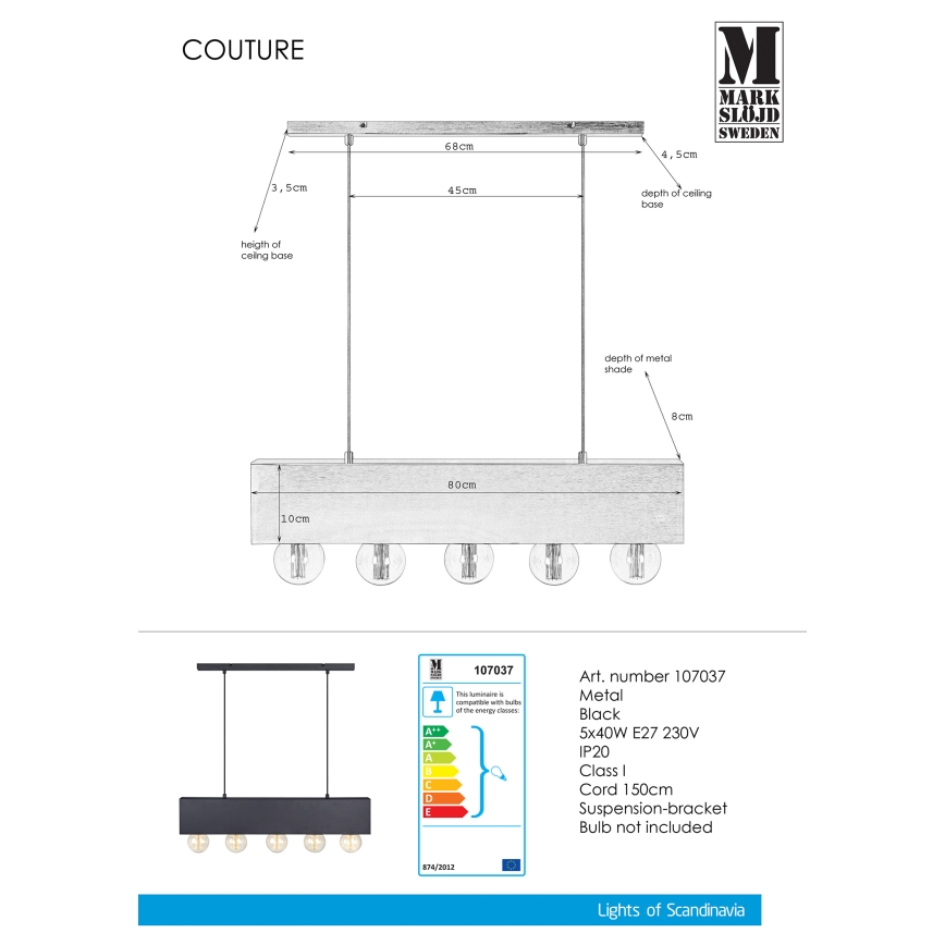 Markslöjd 107037 - Lestenec na vrvici COUTURE 5xE27/40W/230V črna