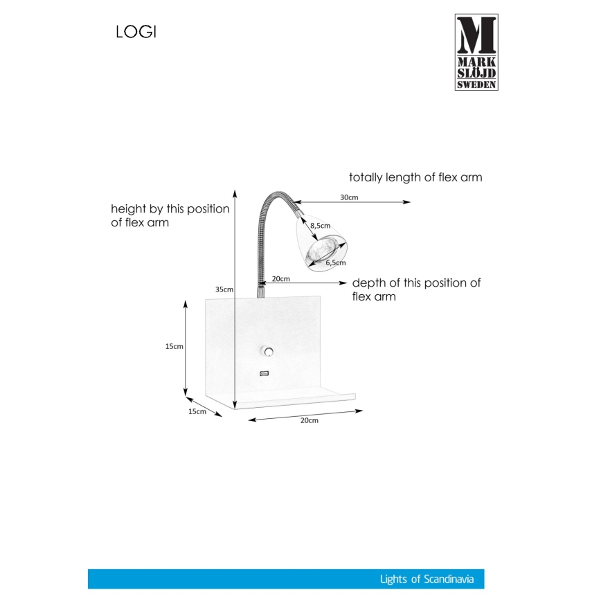 Markslöjd 107141 - Zatemnitvena stenska svetilka z USB vtičnico LOGI 1xGU10/7W/230V