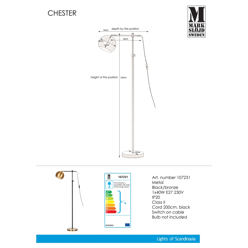 Markslöjd 107231 - Stoječa svetilka CHESTER 1xE27/40W/230V črna/bron
