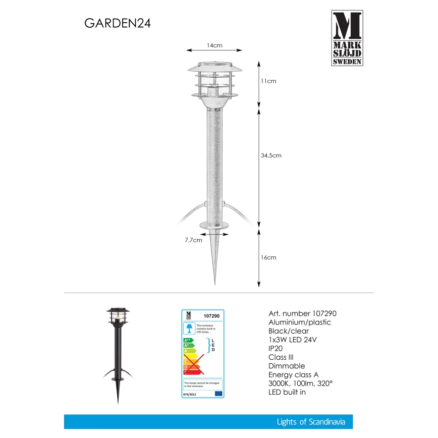 Markslöjd 107290 - LED Zunanja svetilka GARDEN 24 LED/3W/24V 45 cm IP44 črna