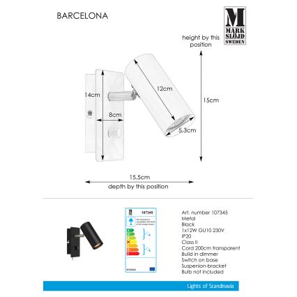 Markslöjd 107345 - Zatemnitveni stenski reflektor BARCELONA 1xGU10/12W/230V