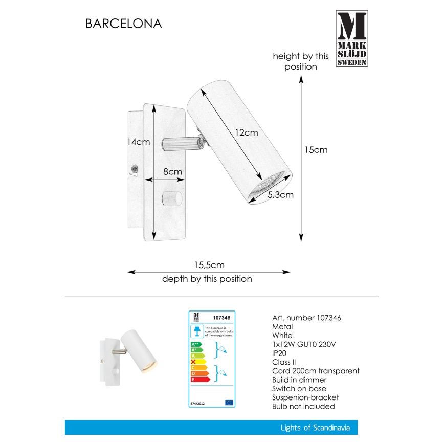 Markslöjd 107346 - Zatemnitveni stenski reflektor BARCELONA 1xGU10/12W/230V