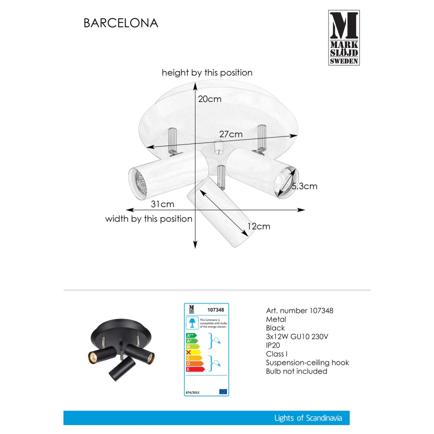 Markslöjd 107348 - Reflektor BARCELONA 3xGU10/12W/230V