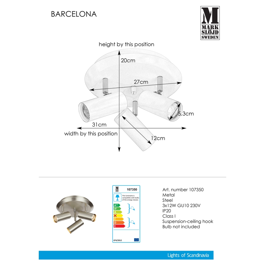 Markslöjd 107350 - Reflektor BARCELONA 3xGU10/12W/230V