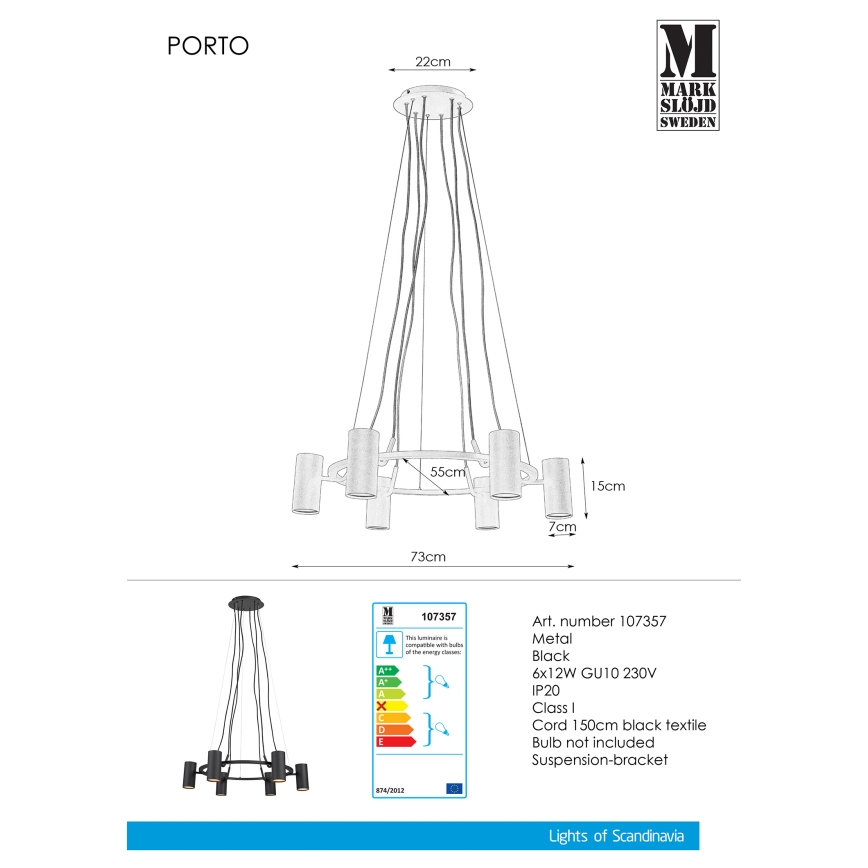 Markslöjd 107357 - Lestenec na vrvici PORTO 6xGU10/12W/230V