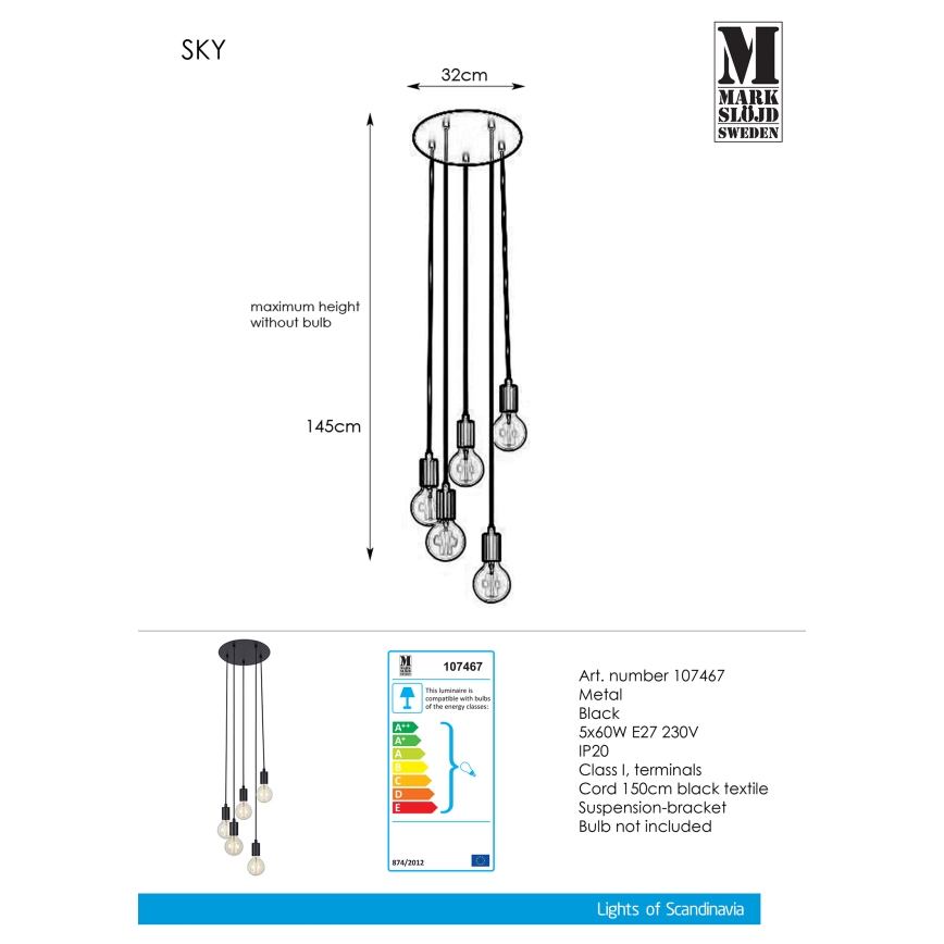 Markslöjd 107467 - Lestenec na vrvici SKY 5xE27/60W/230V