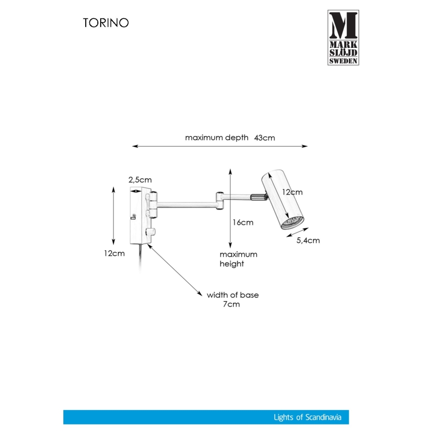 Markslöjd 107538 - Zatemnitveni stenski reflektor TORINO 1xGU10/12W/230V
