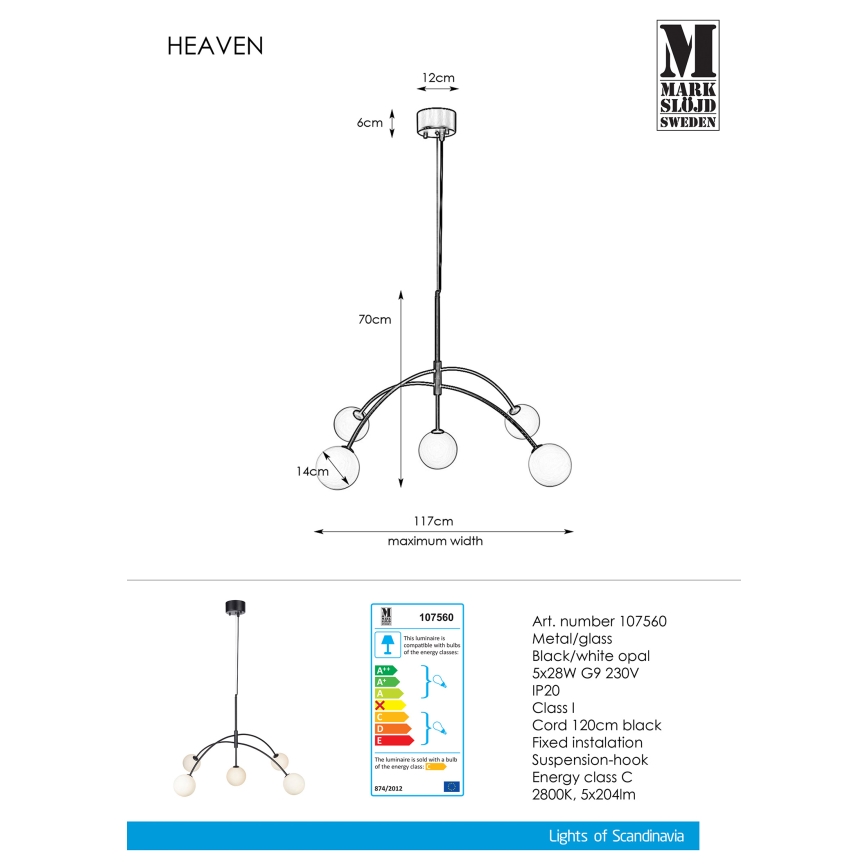 Markslöjd 107560 - Lestenec na vrvici HEAVEN 5xG9/28W/230V