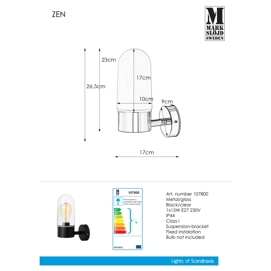 Markslöjd 107800 - Kopalniška stenska svetilka ZEN 1xE27/15W/230V IP44