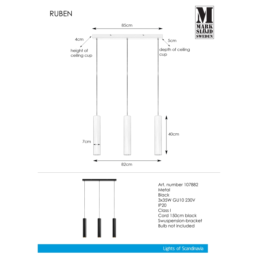 Markslöjd 107882 - Lestenec na vrvici RUBEN 3xGU10/35W/230V