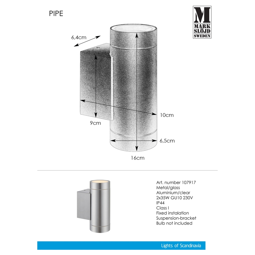Markslöjd 107917 - Zunanja stenska svetilka PIPE 2xGU10/35W/230V IP44