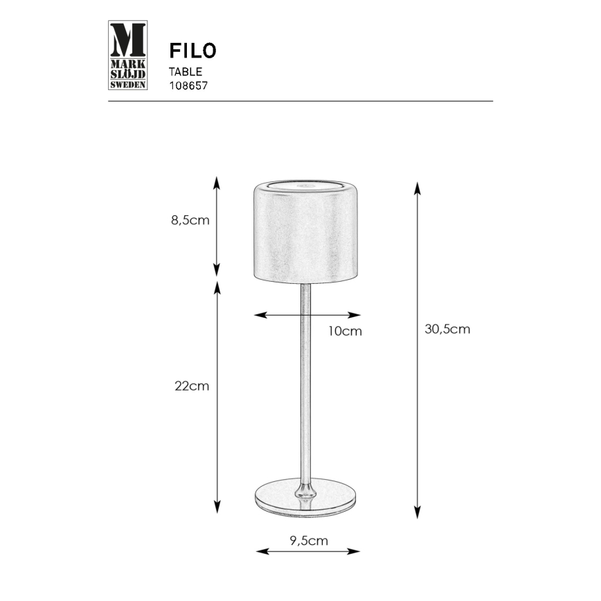 Markslöjd 108657 - LED Zatemnitvena polnilna svetilka FILO LED/2W/5V IP44 30cm črna