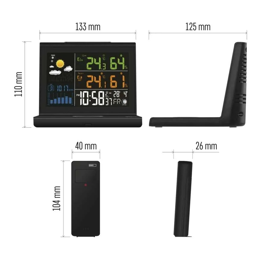 Meteorološka postaja z brezžičnim polnjenjem 5V 2xAA + 2xAAA črna